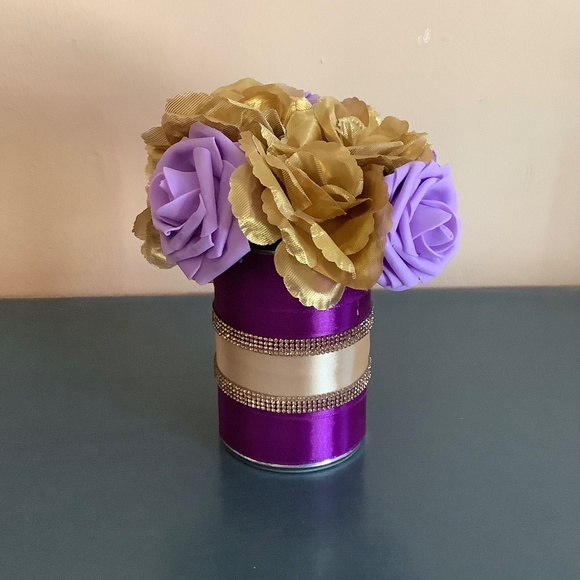 Golden Rose centerpiece with satin and rhinestone ribbon…you pick colors - Picture 1 of 10